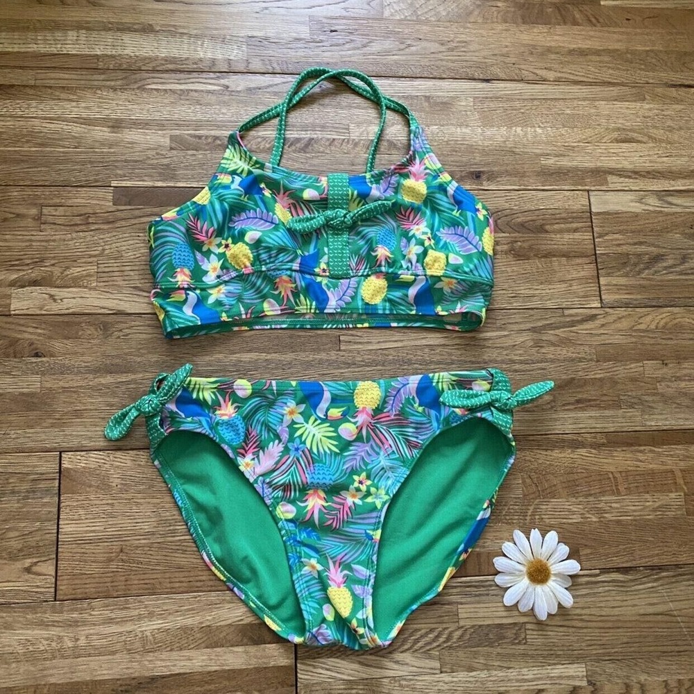 Cat‎ & Jack Green Pineapple Tropical Design 2 Piece Swimsuit Size 10/12
